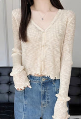 Beige Knit Lettuce Hem Cardigan
