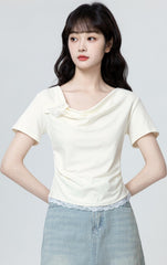 Beige Lace Trim Bowknot Short Sleeve Top