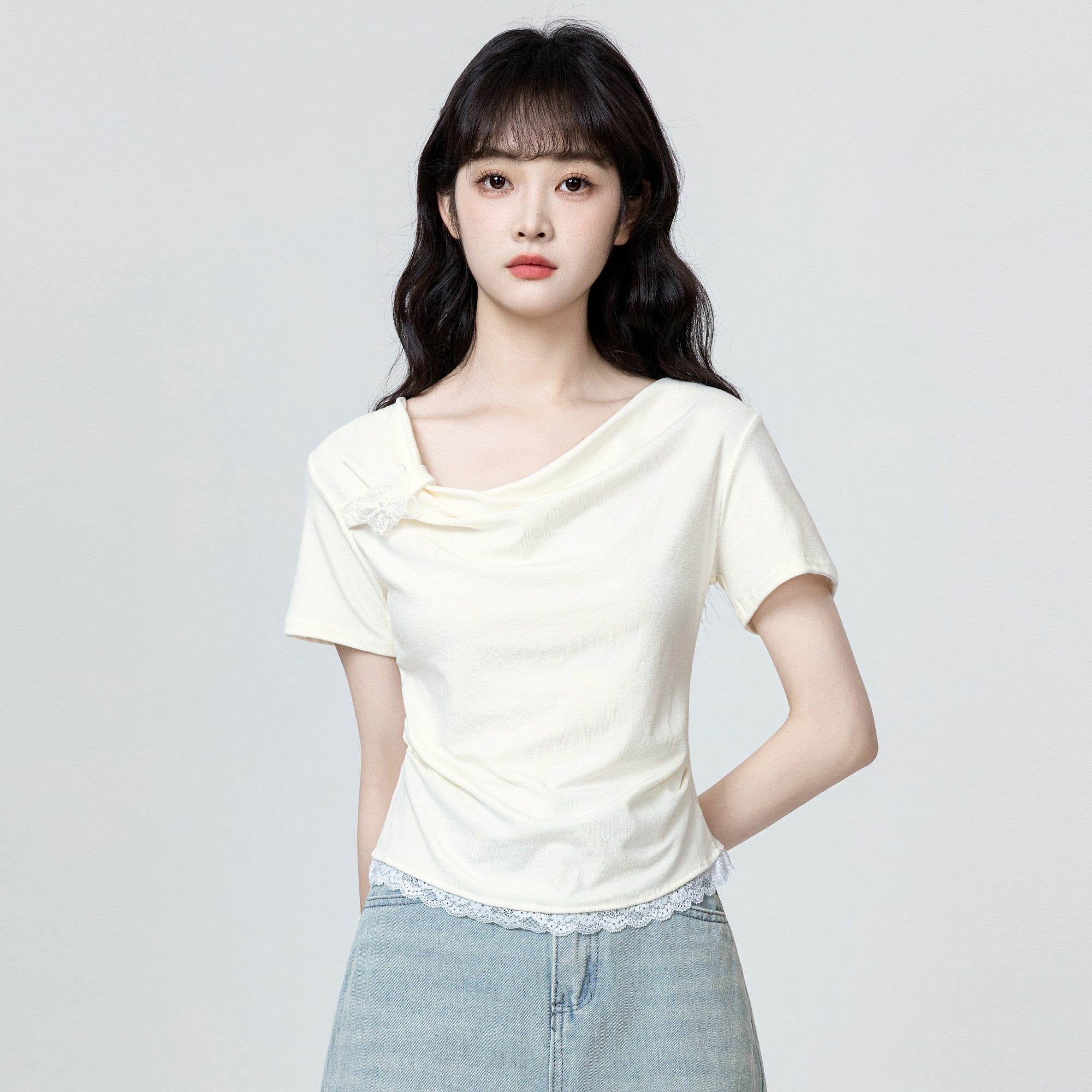 Beige Lace Trim Bowknot Short Sleeve Top