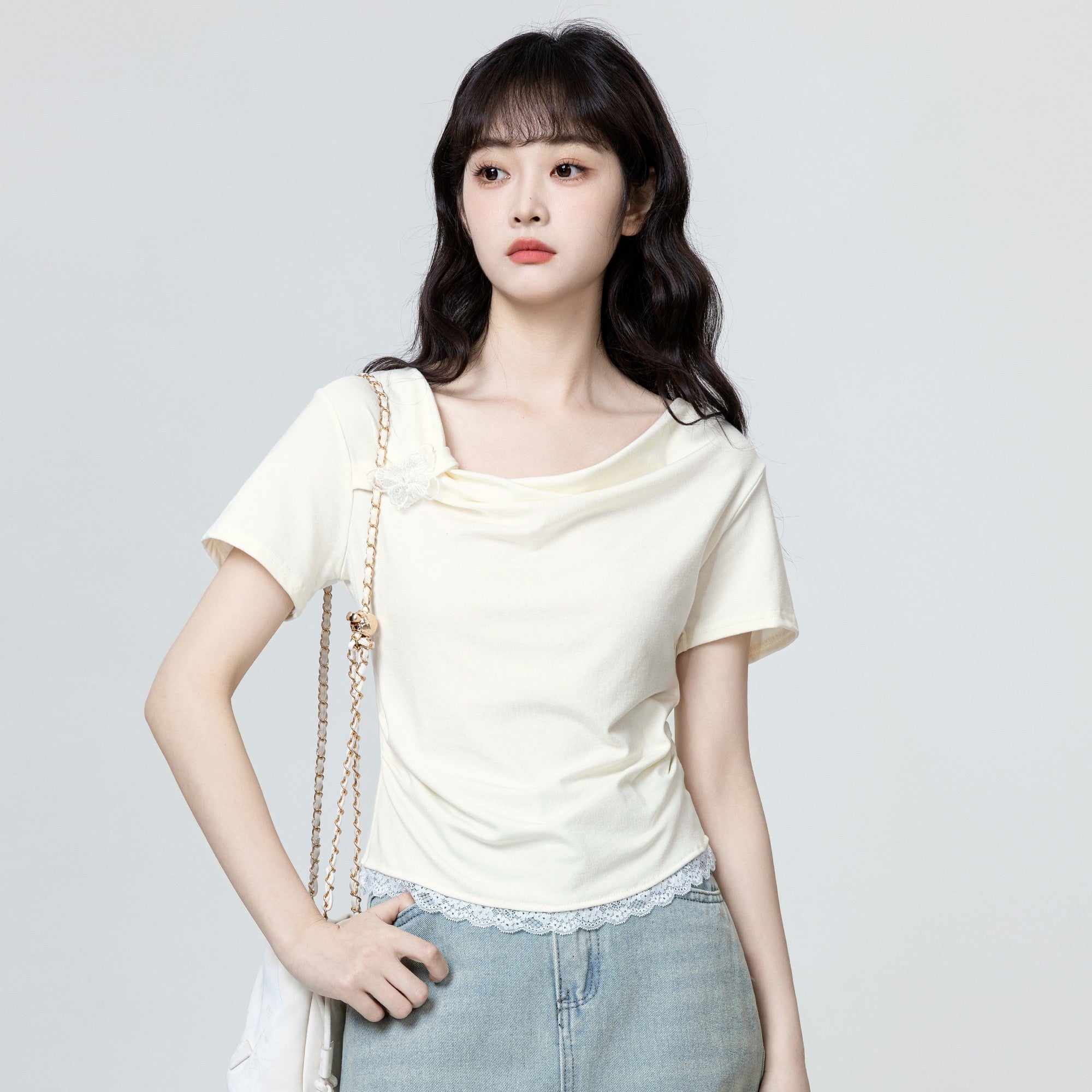 Beige Lace Trim Bowknot Short Sleeve Top