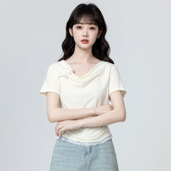 Beige Lace Trim Bowknot Short Sleeve Top