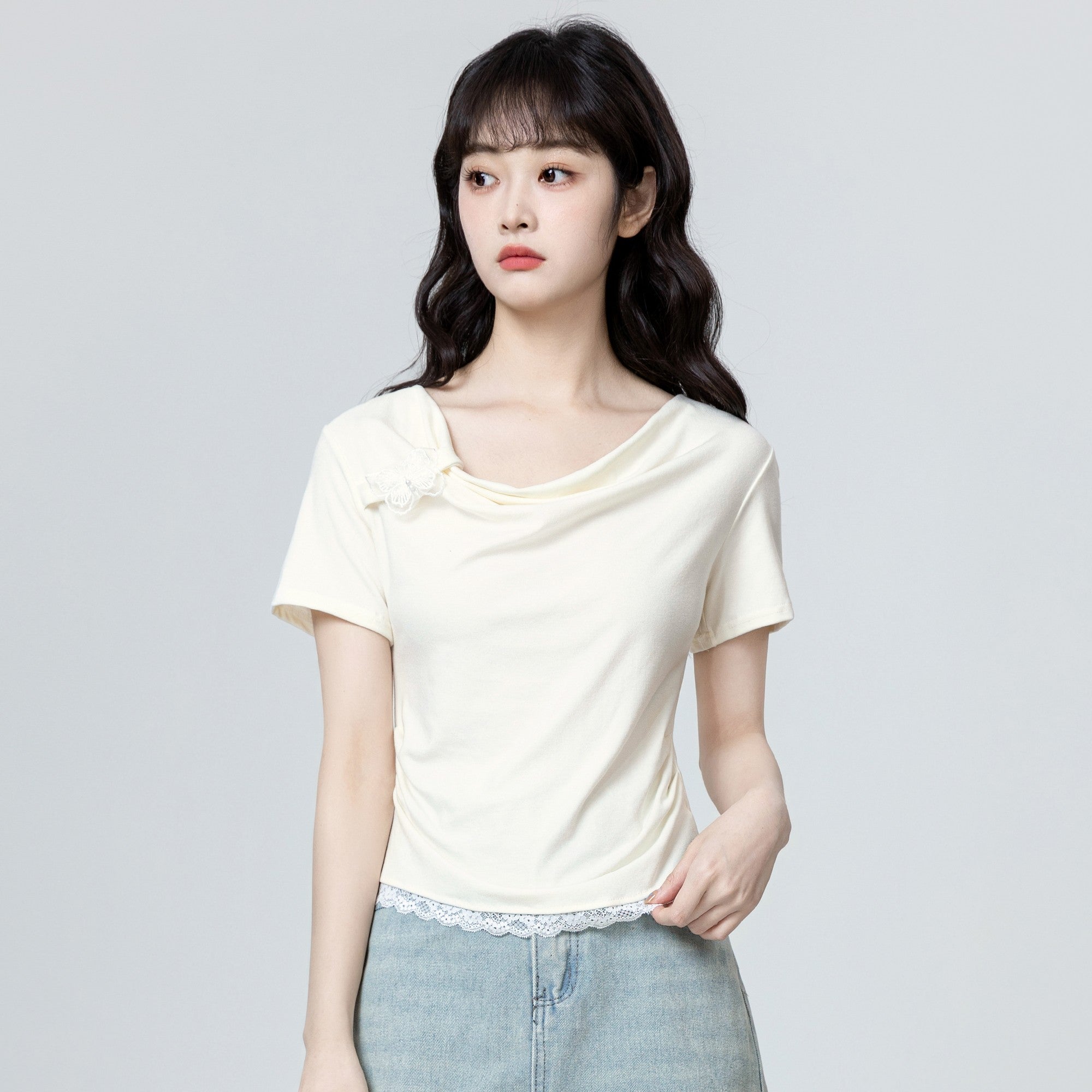 Beige Lace Trim Bowknot Short Sleeve Top