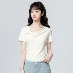 Beige Lace Trim Bowknot Short Sleeve Top