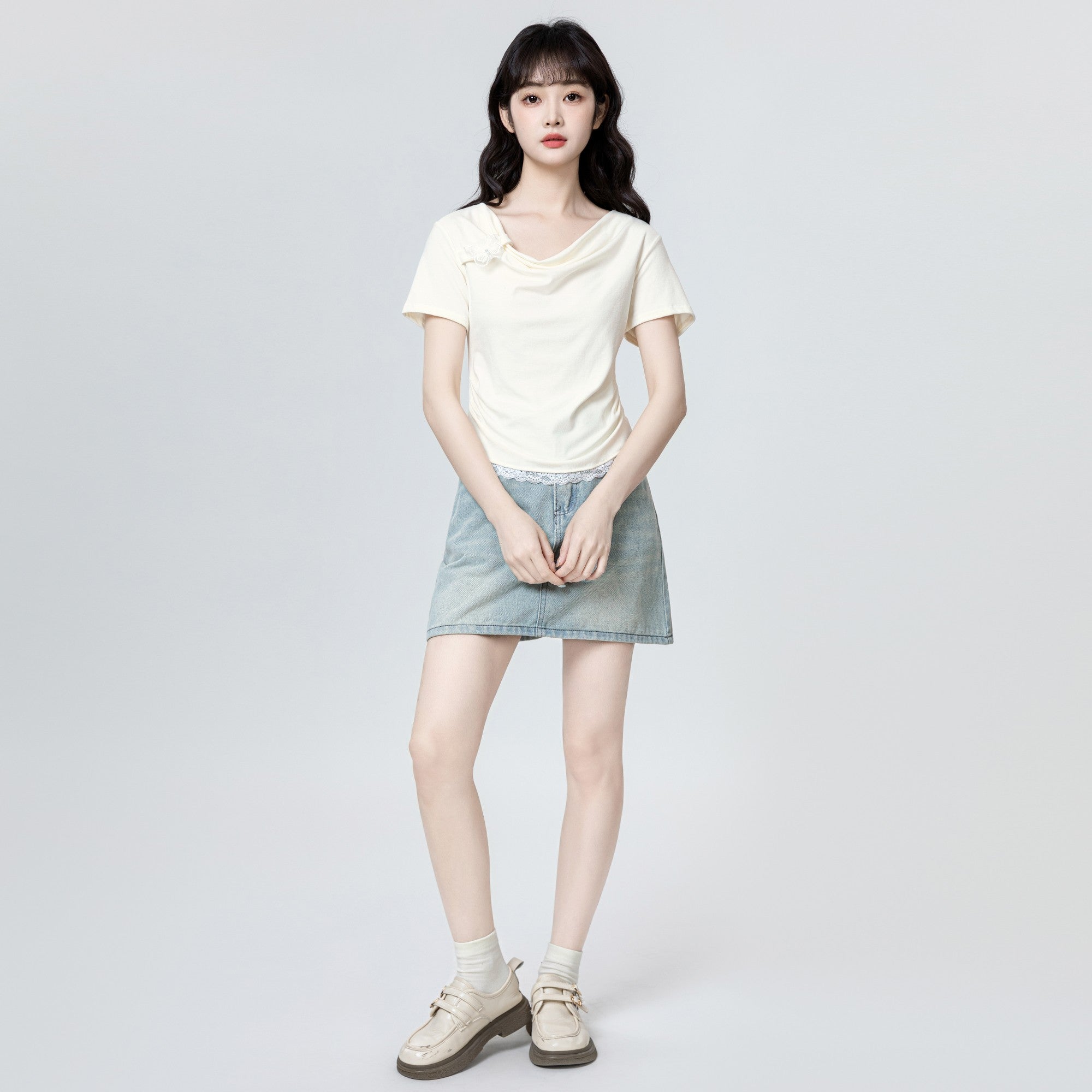 Beige Lace Trim Bowknot Short Sleeve Top