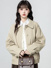 Beige Lace Trim Casual Jacket With Turn Down Collar