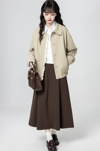 Beige Lace Trim Casual Jacket With Turn Down Collar
