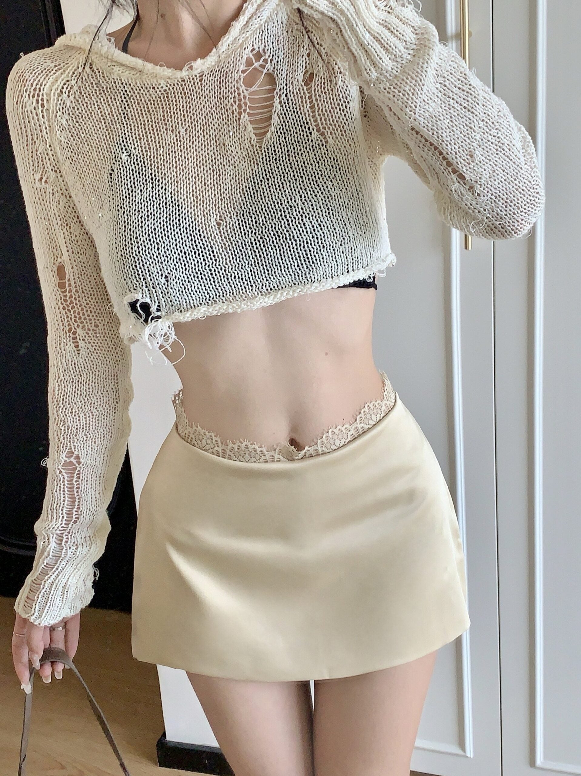 Beige Lace Waistline Mini Skirt