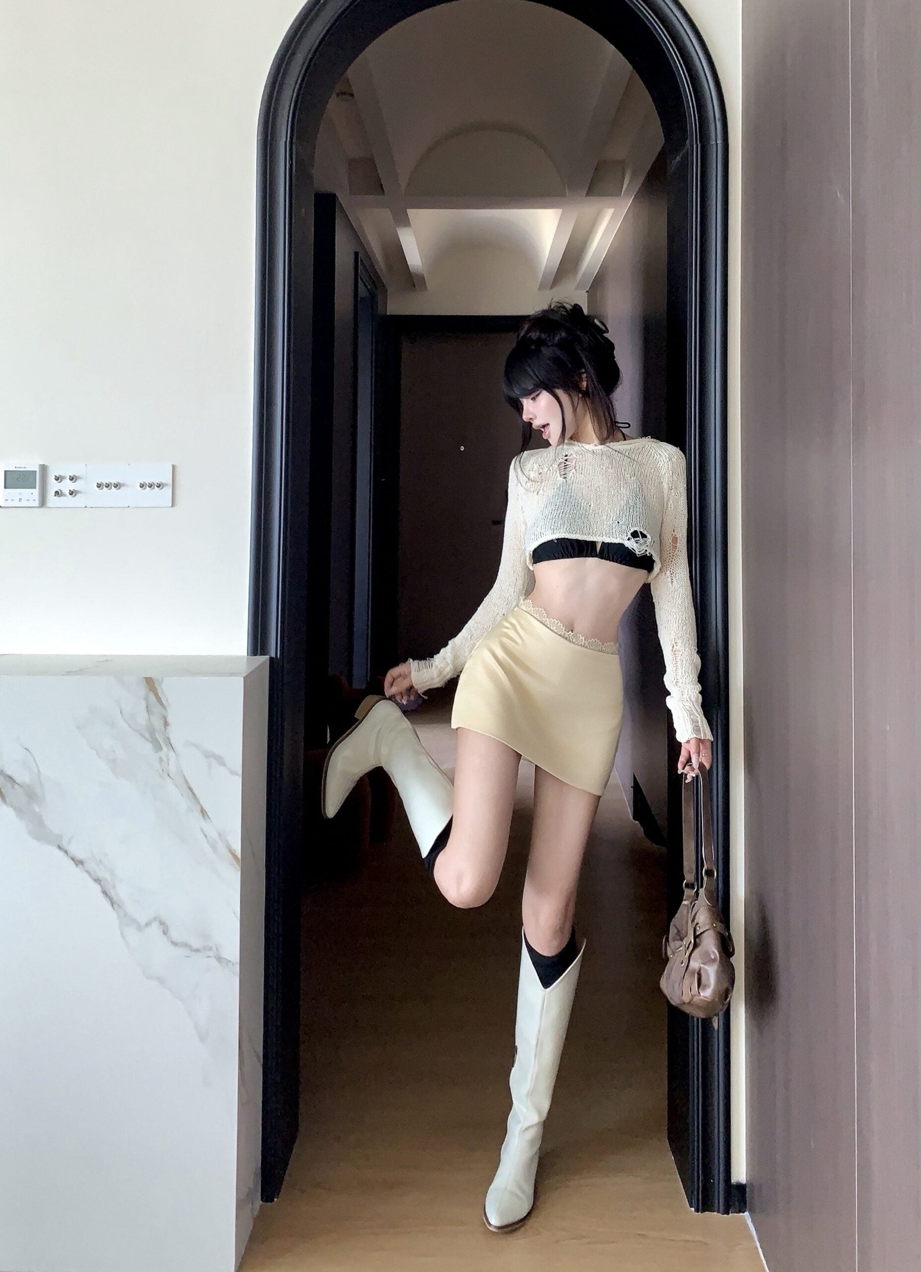 Beige Lace Waistline Mini Skirt