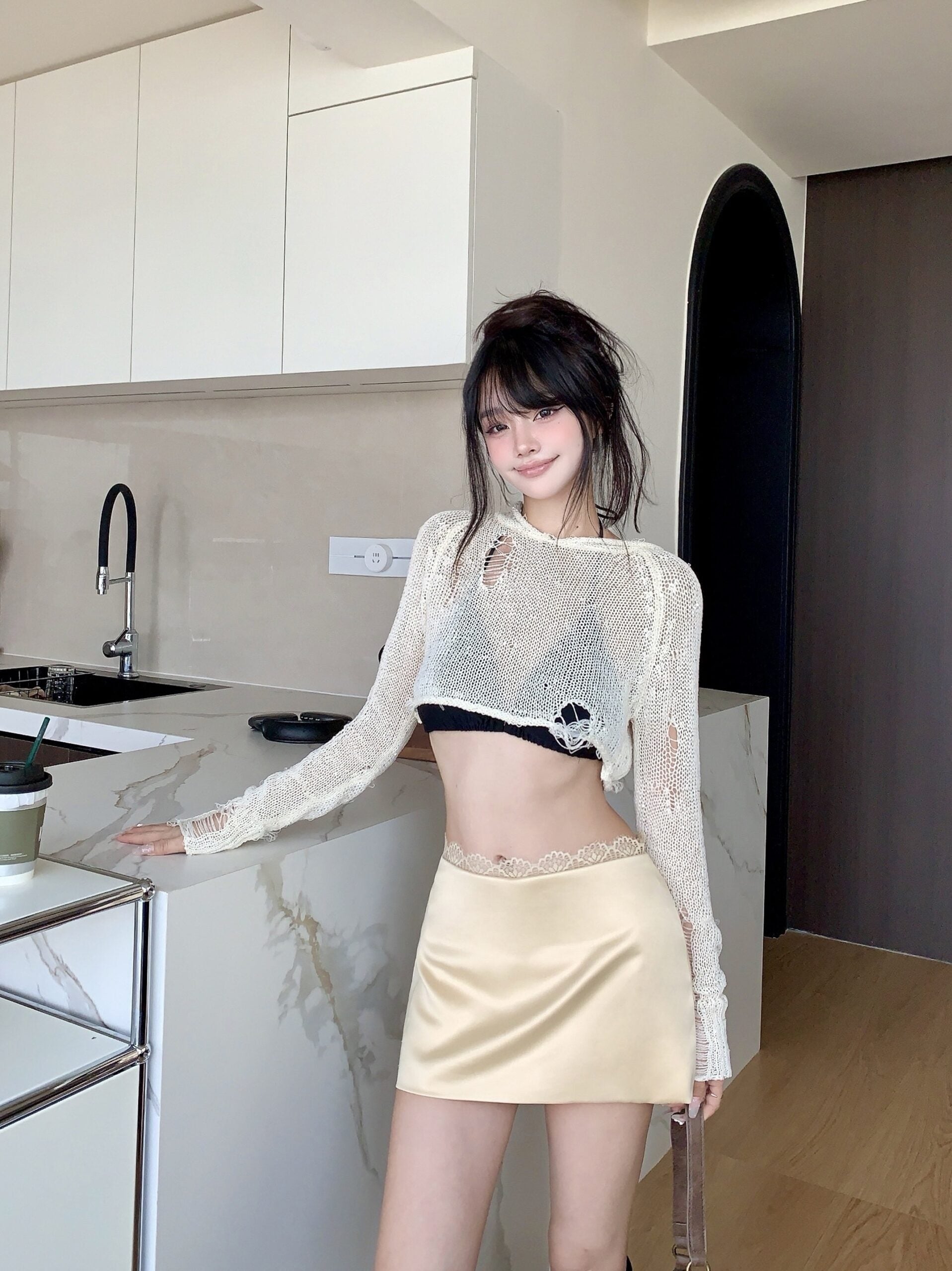 Beige Lace Waistline Mini Skirt