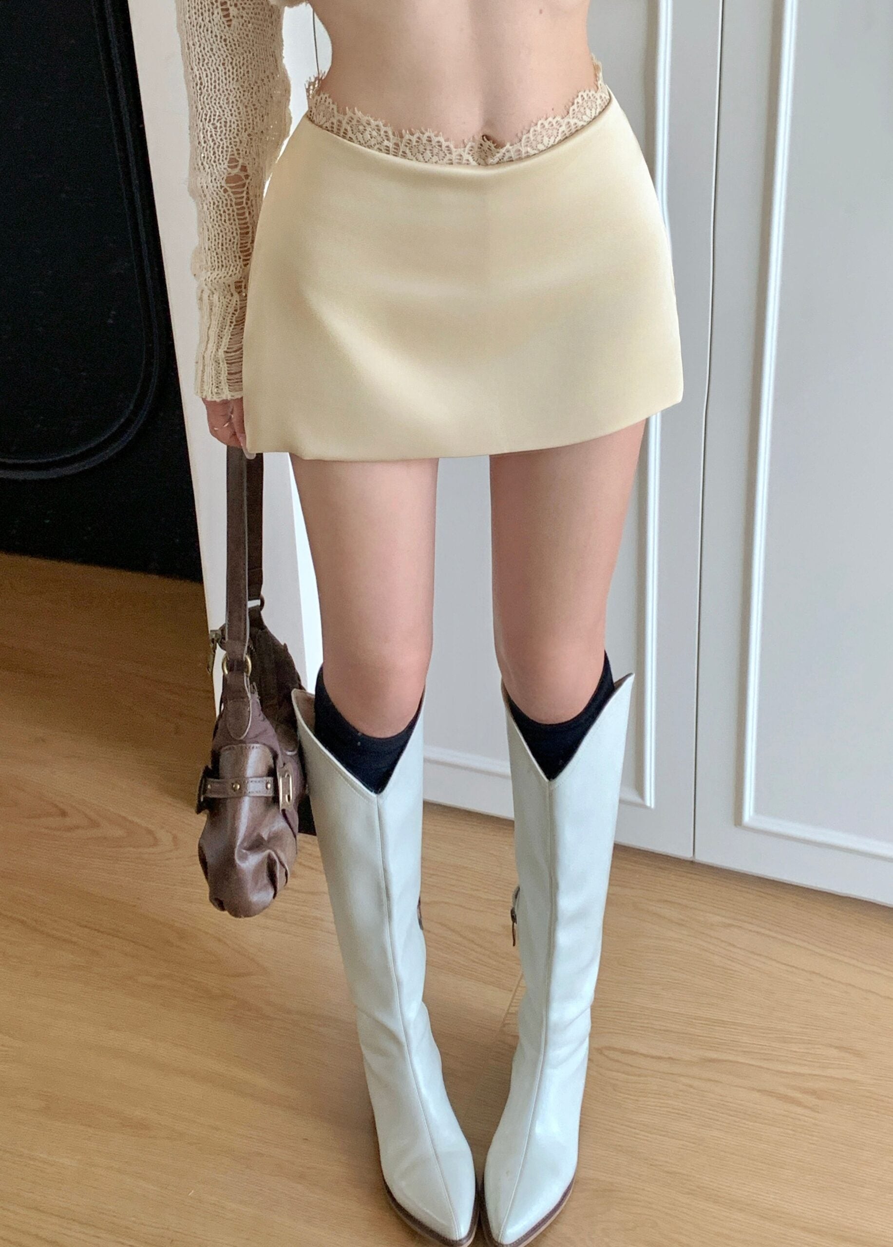 Beige Lace Waistline Mini Skirt