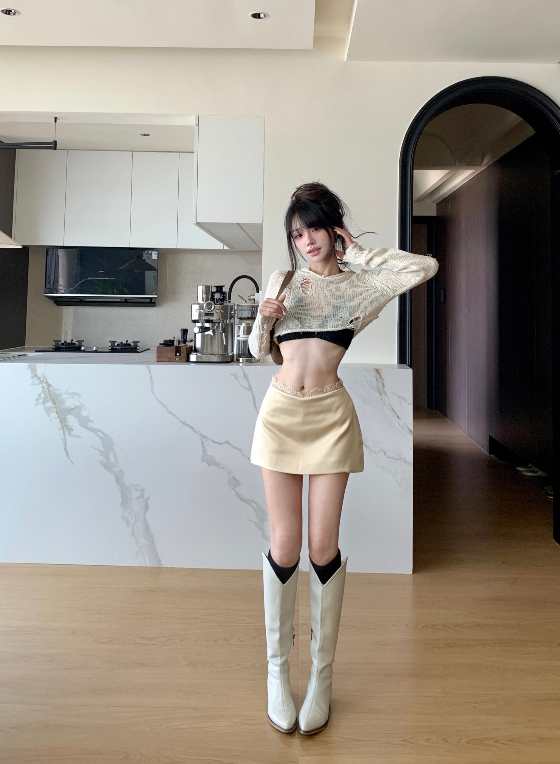 Beige Lace Waistline Mini Skirt