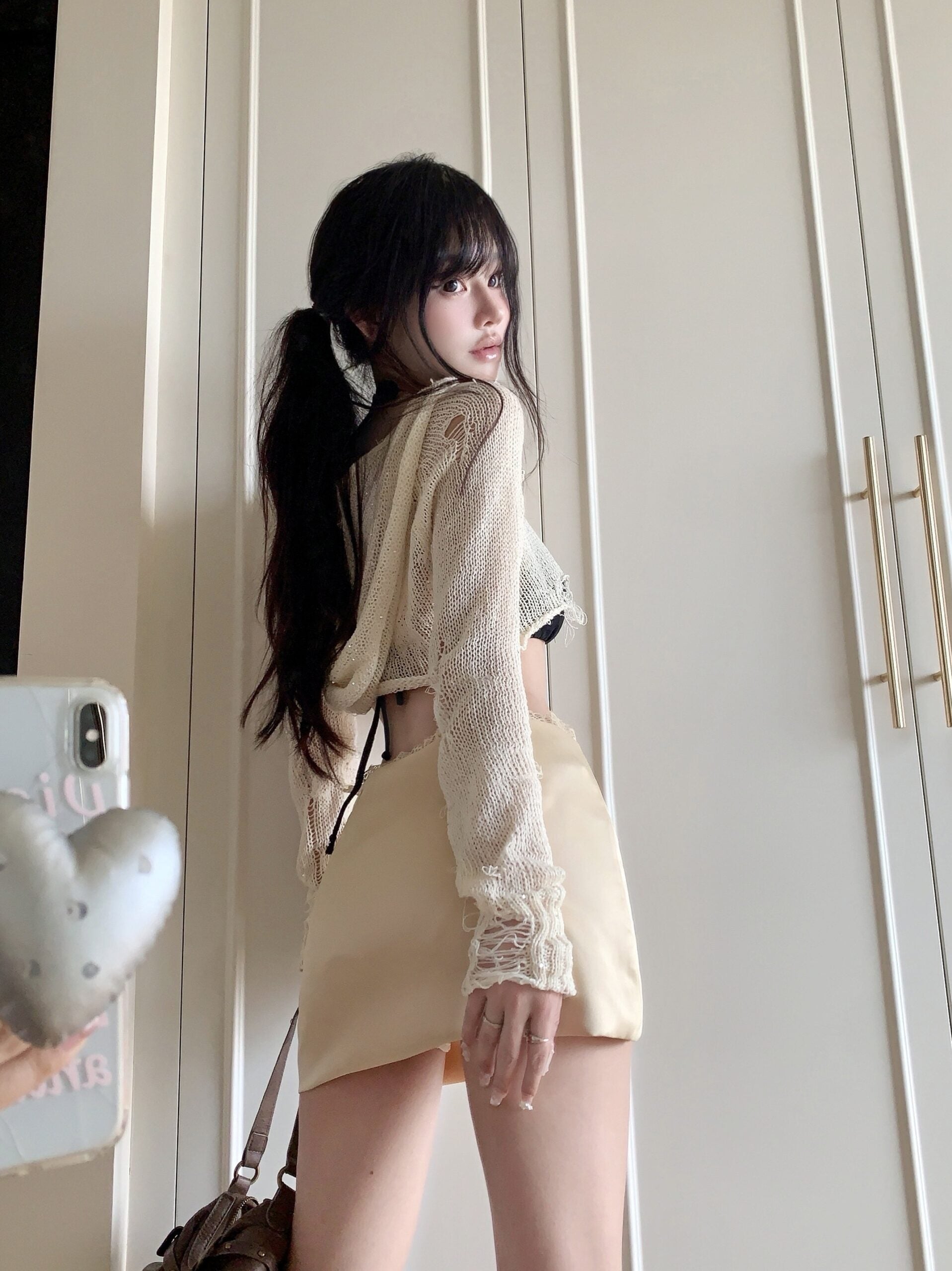 Beige Lace Waistline Mini Skirt