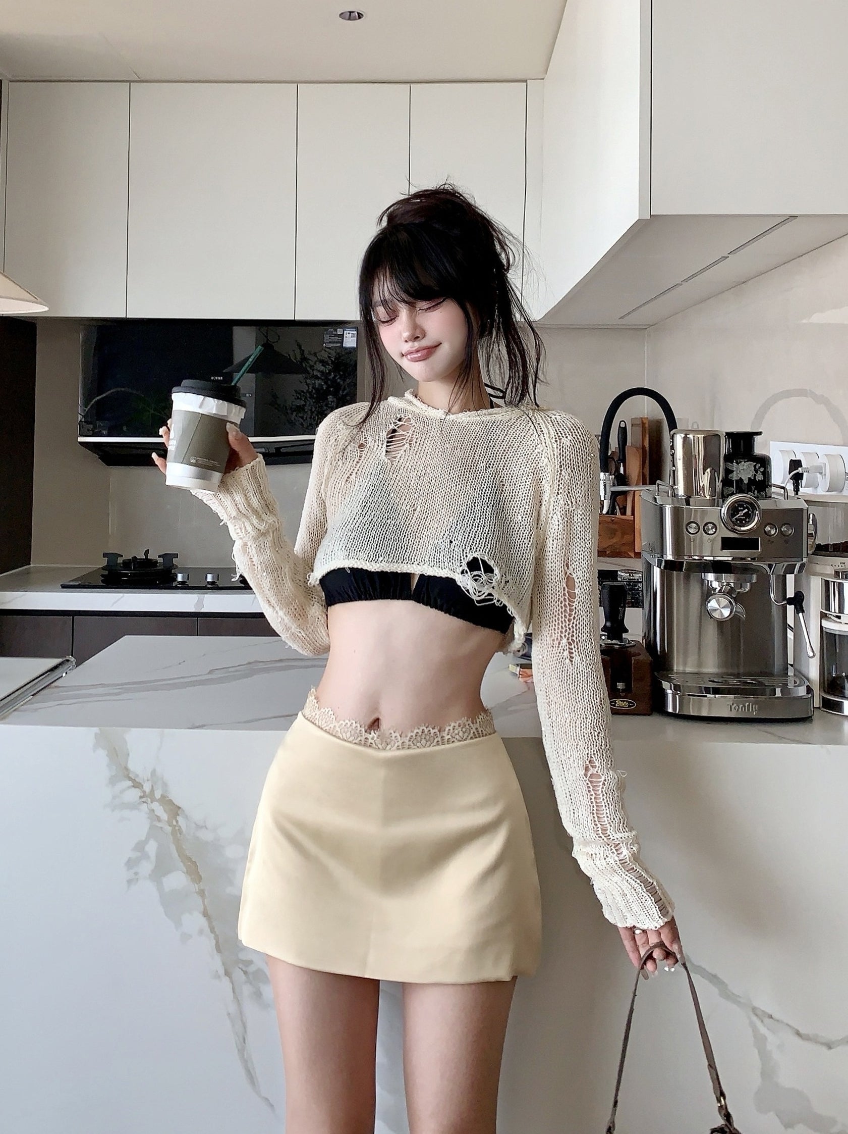 Beige Lace Waistline Mini Skirt