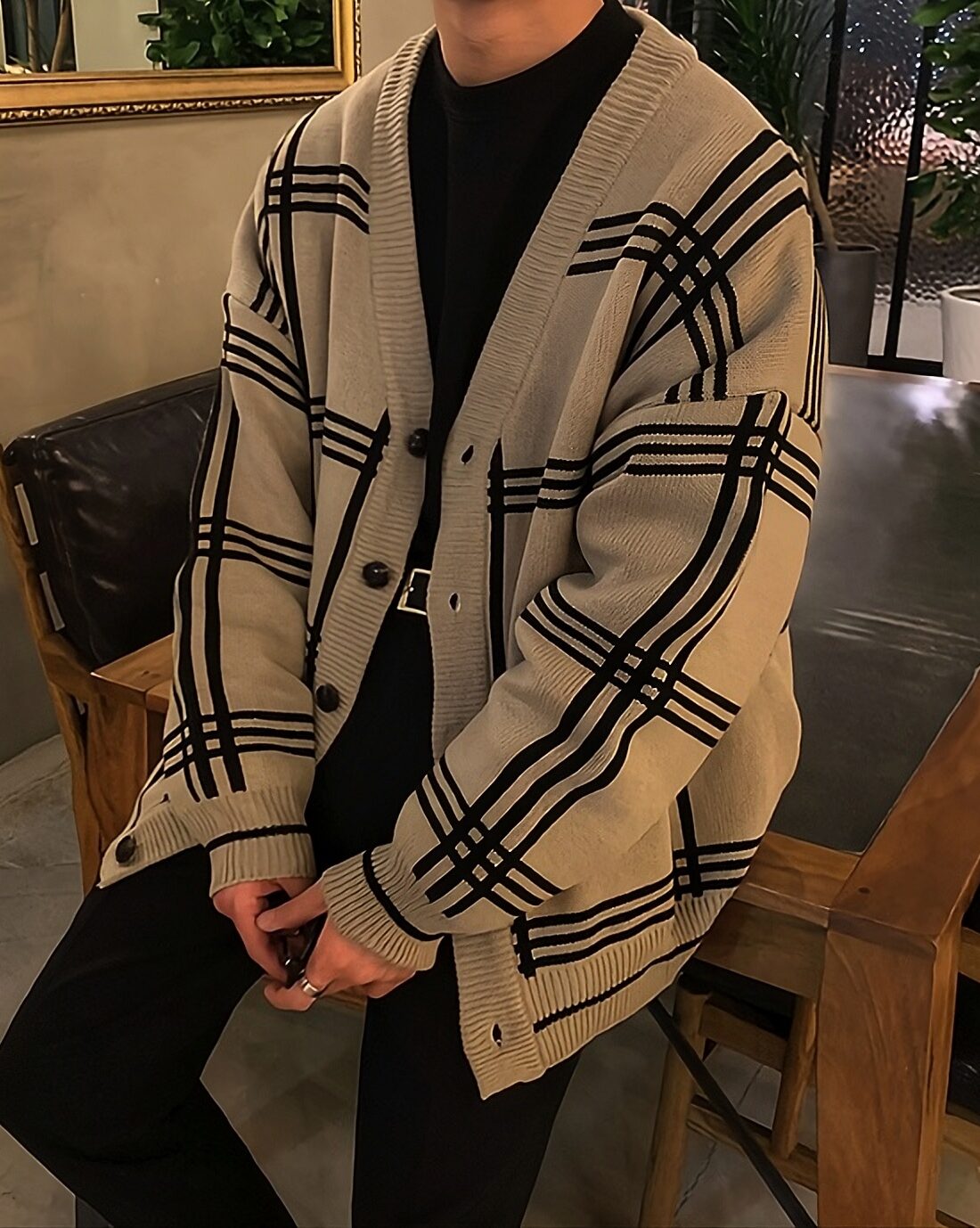 Beige Large Plaid Knitted Cardigan