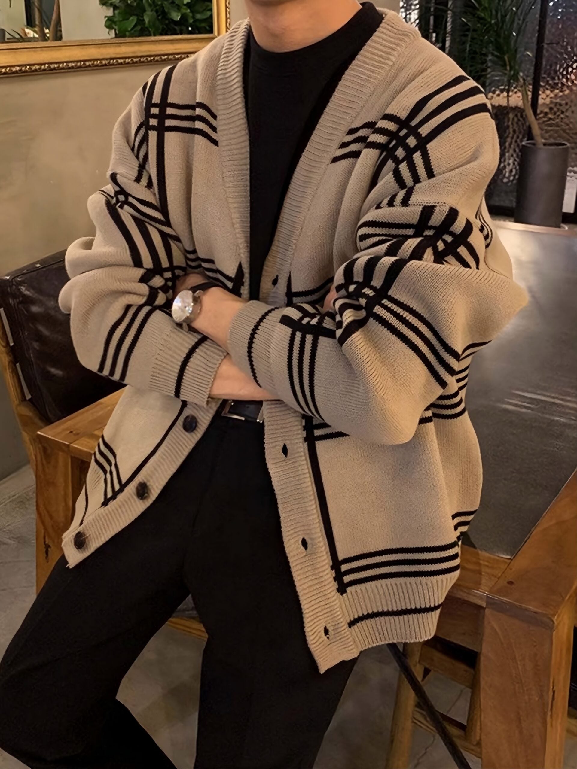 Beige Large Plaid Knitted Cardigan