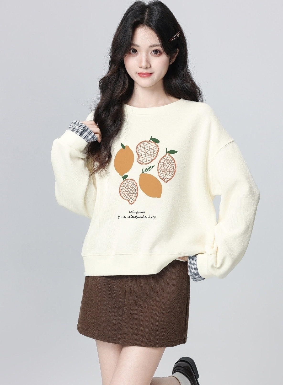 Beige Layered Crewneck Sweatshirt Plaid Patchwork Cropped Top