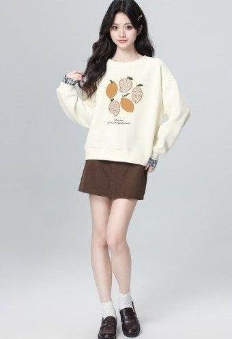 Beige Layered Crewneck Sweatshirt Plaid Patchwork Cropped Top