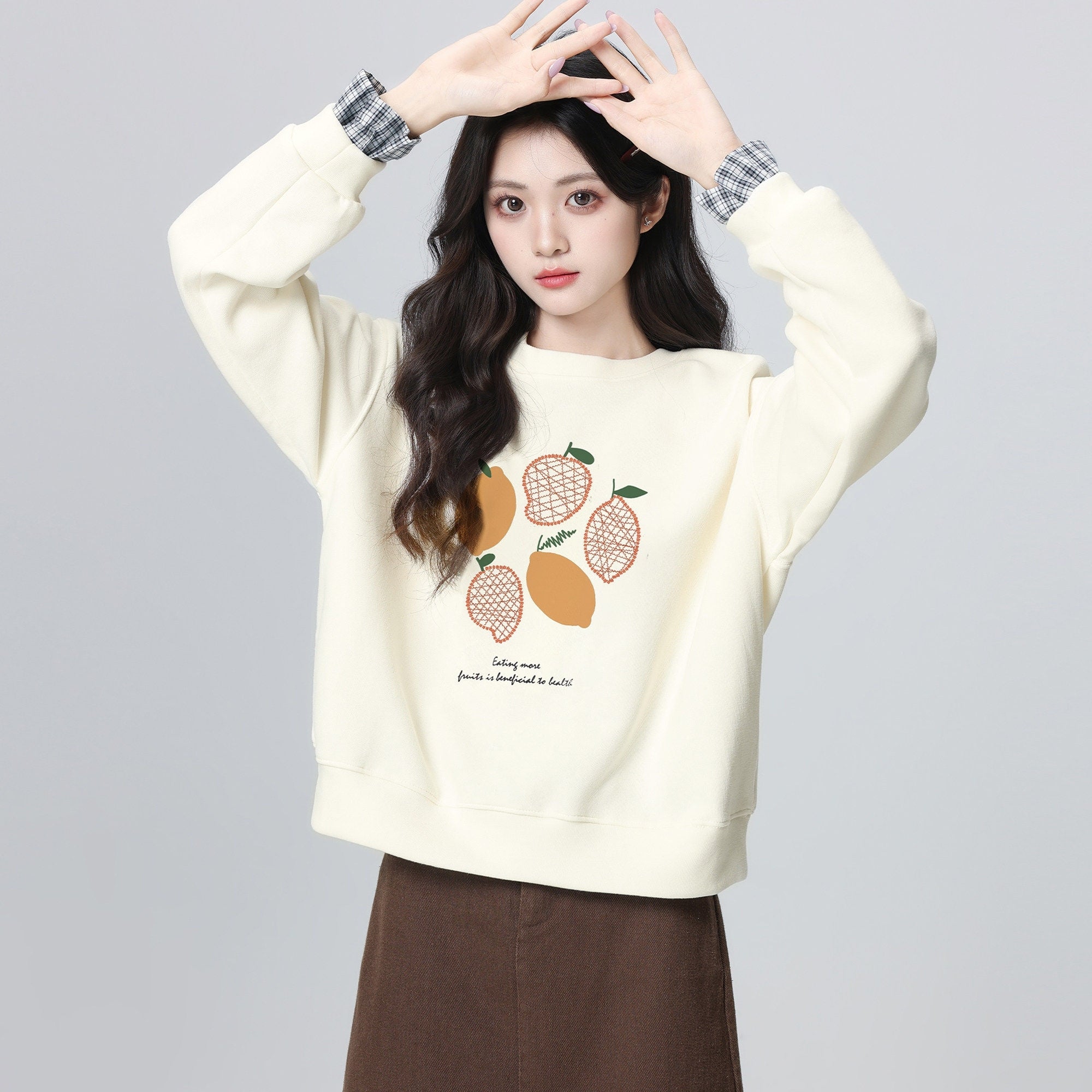 Beige Layered Crewneck Sweatshirt Plaid Patchwork Cropped Top