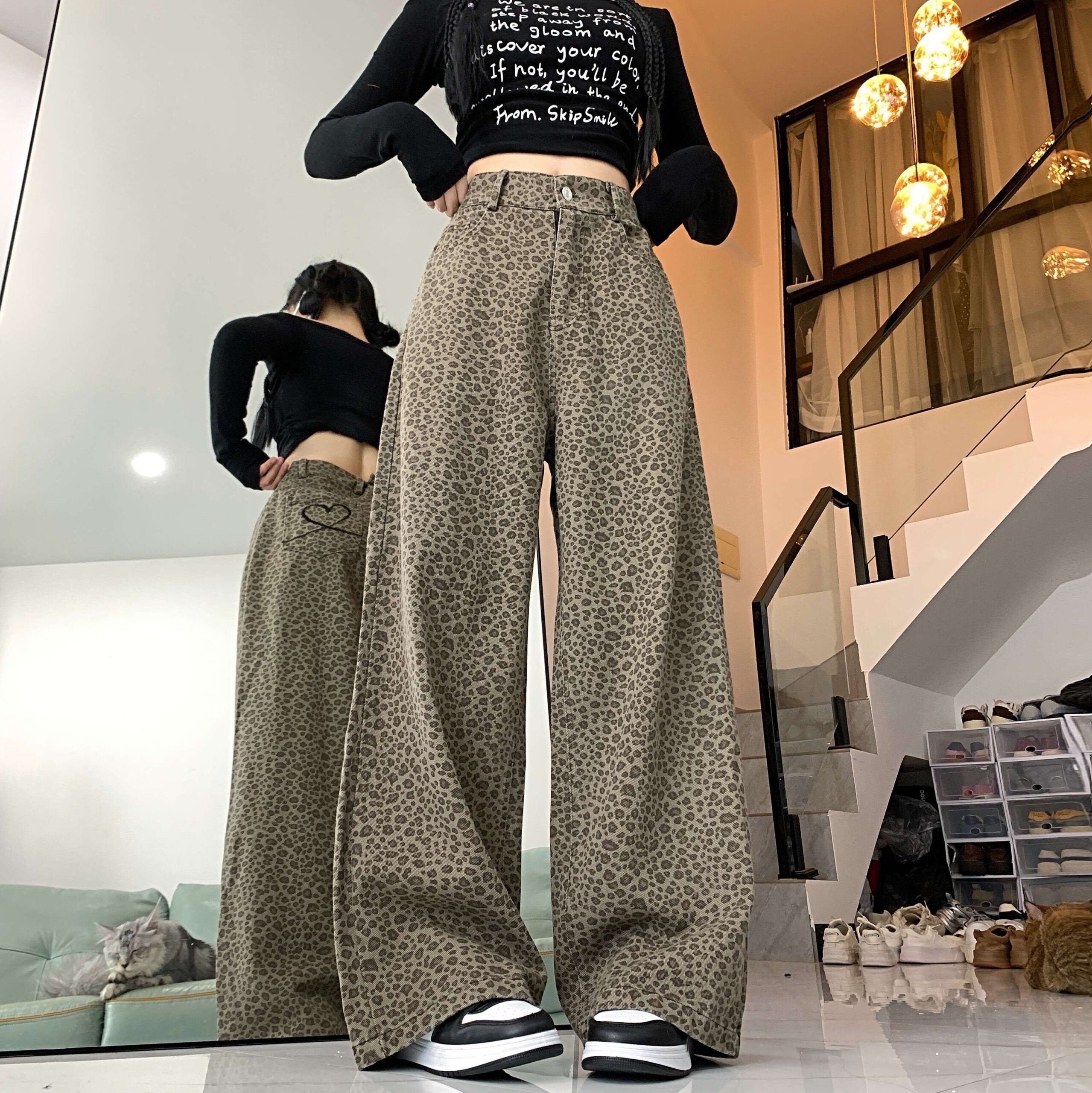 Beige Leopard Pattern Jeans