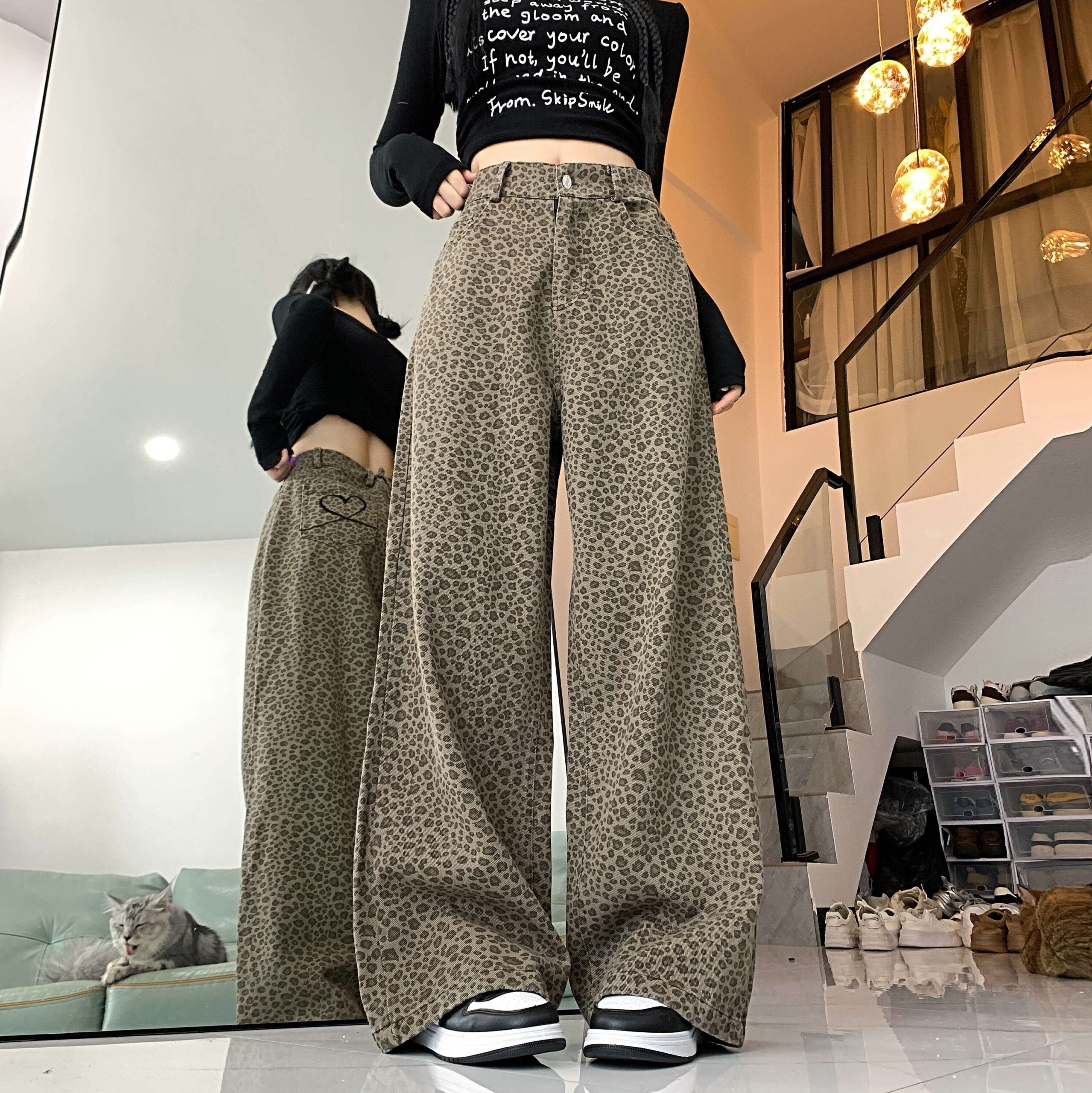 Beige Leopard Pattern Jeans