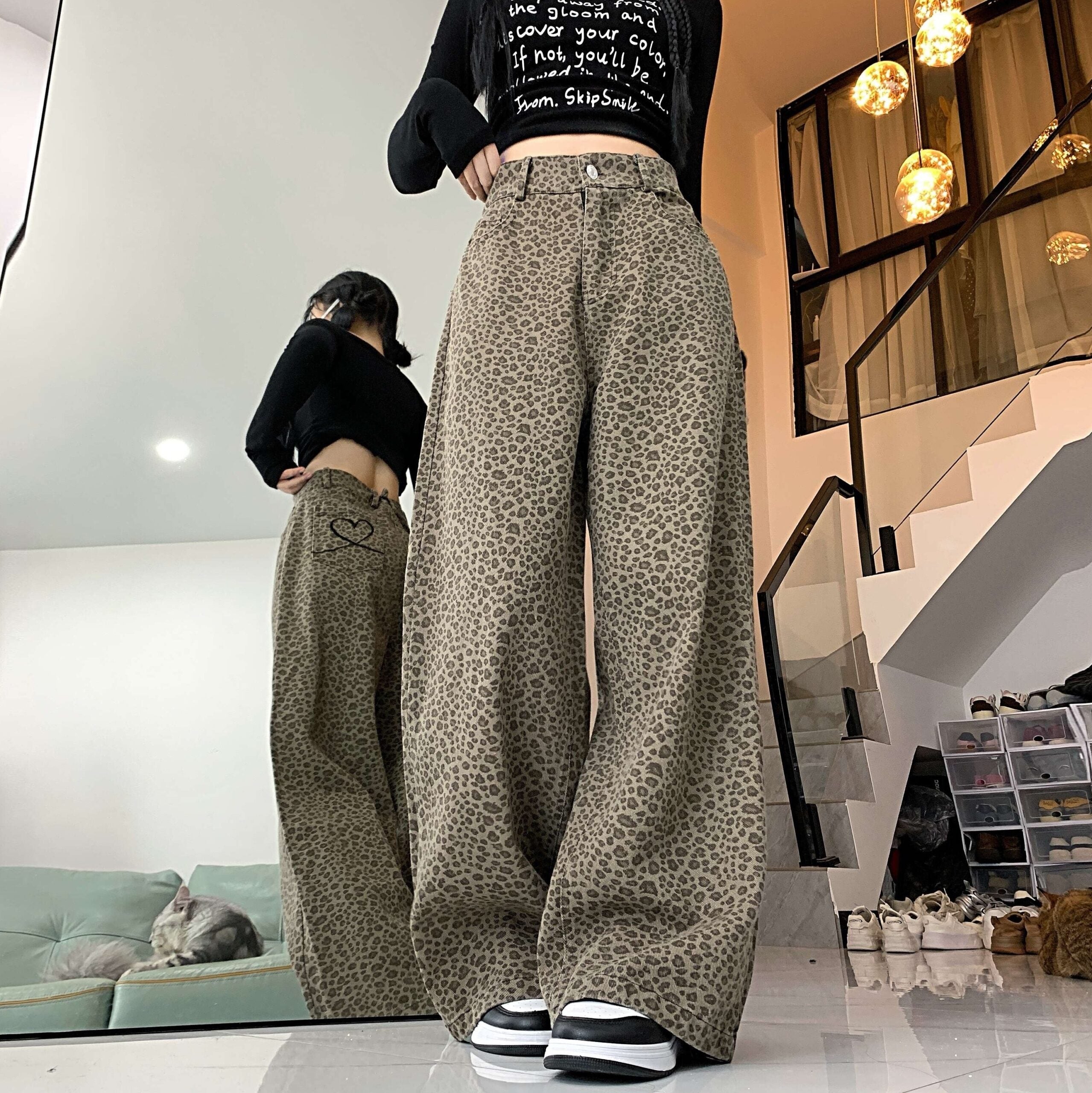 Beige Leopard Pattern Jeans