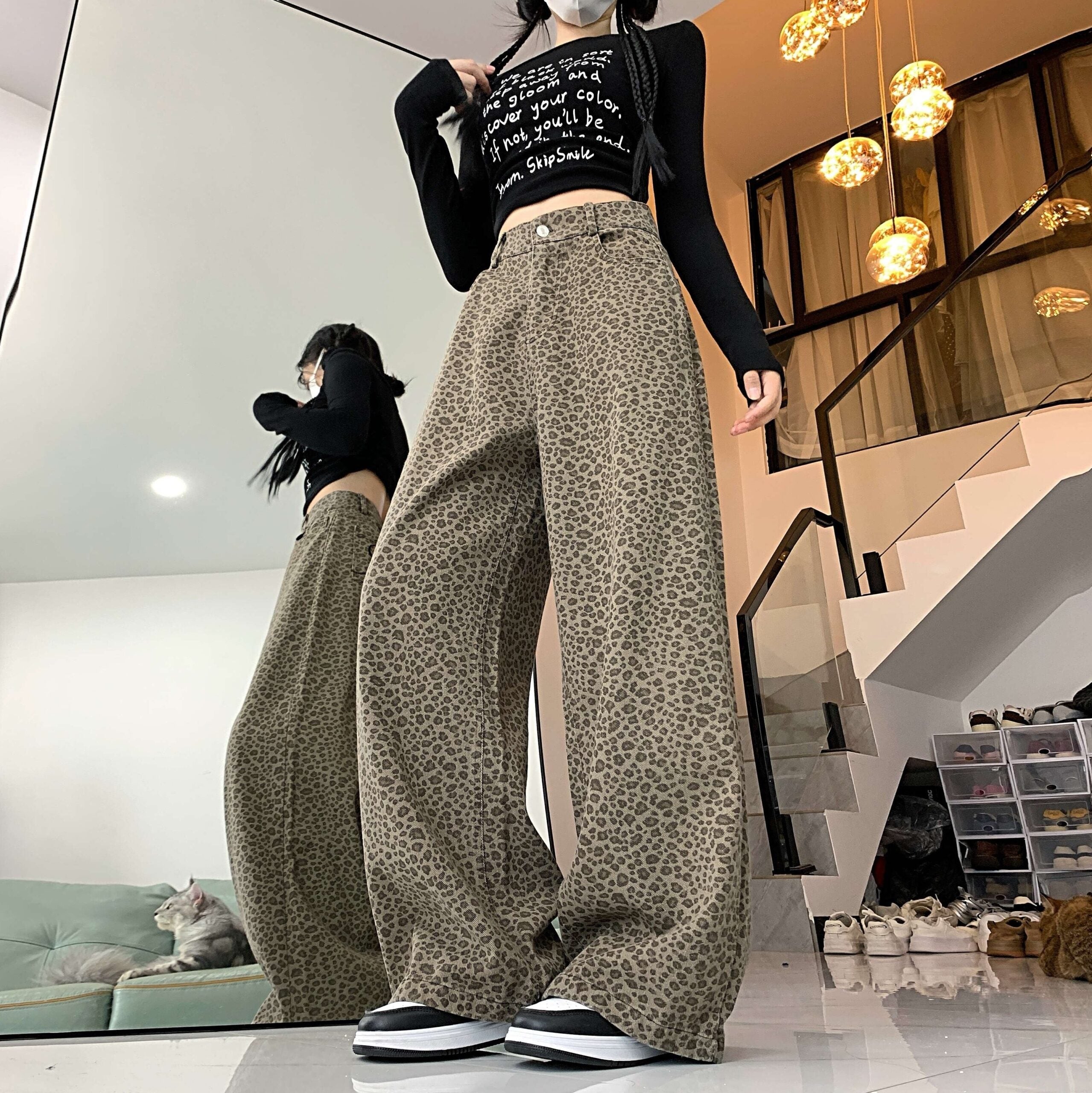 Beige Leopard Pattern Jeans