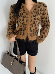 Beige Leopard Pattern Knitted Cardigan