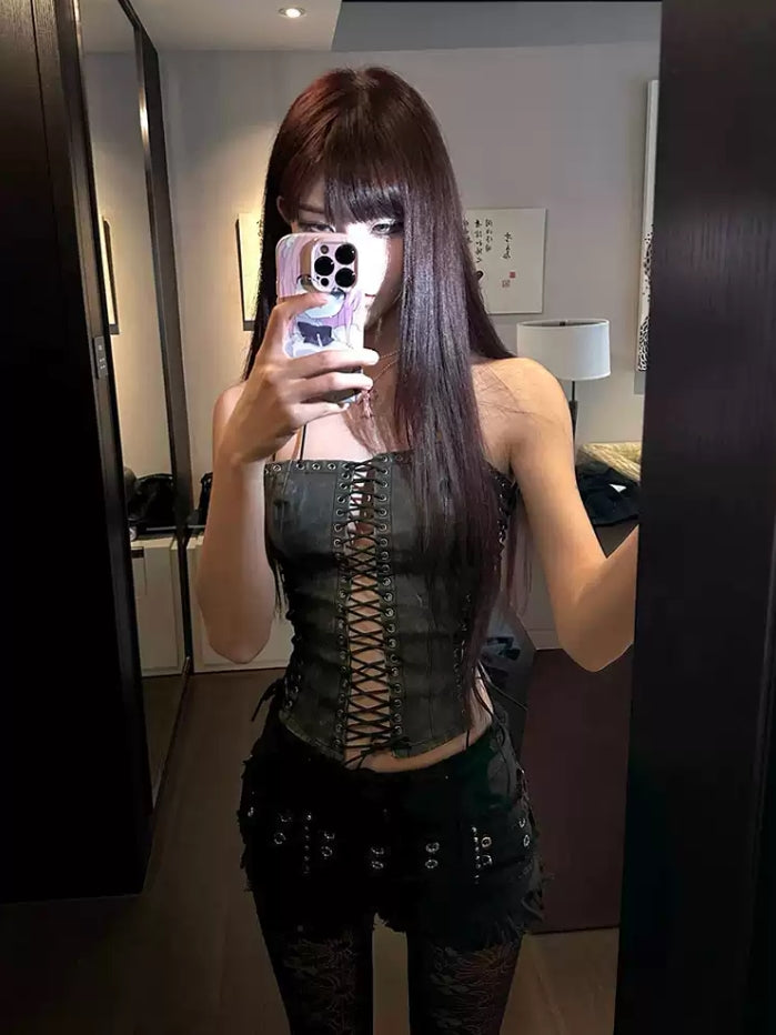 Black Segmented Faux Leather Lace Up Top