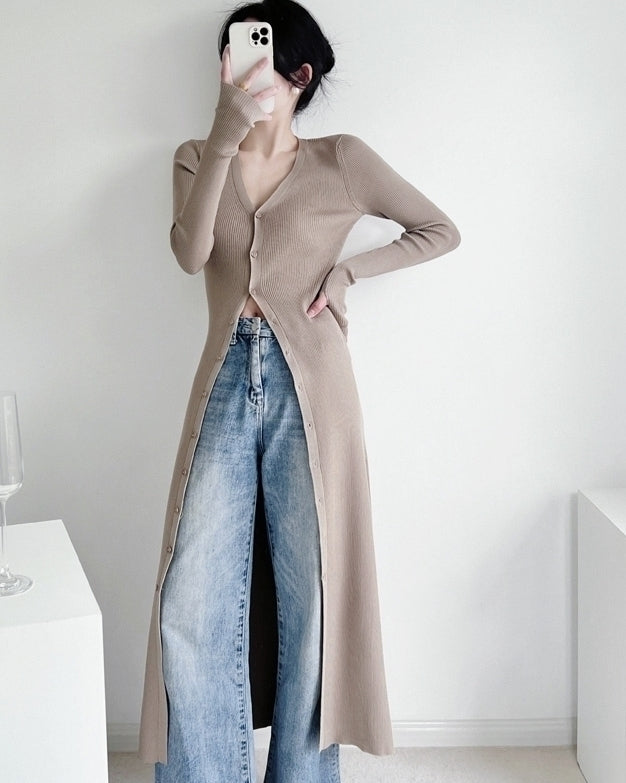 Beige Long Knitted V-Neck Cardigan