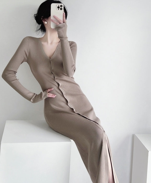 Beige Long Knitted V-Neck Cardigan