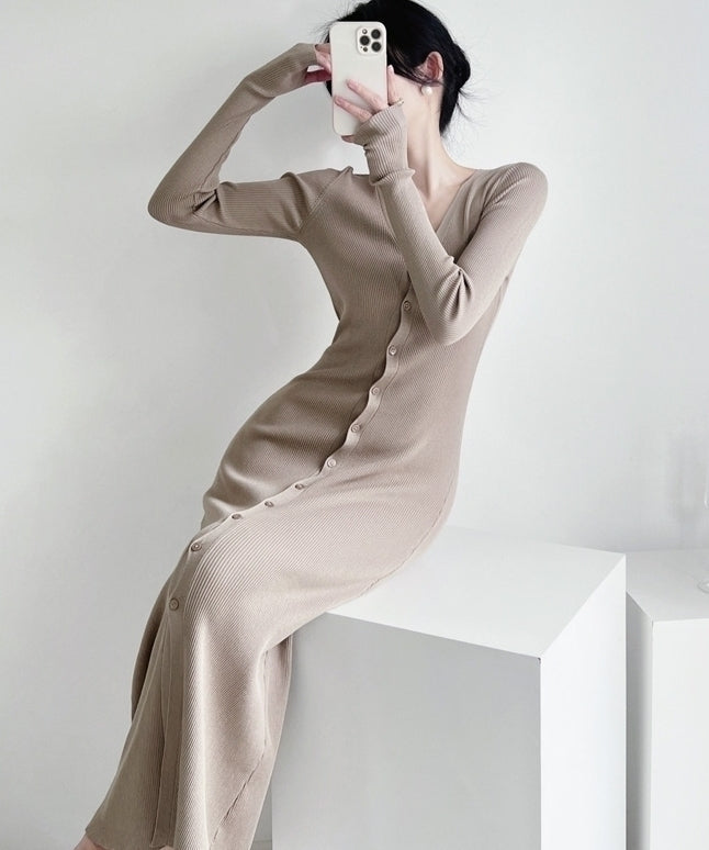 Beige Long Knitted V-Neck Cardigan