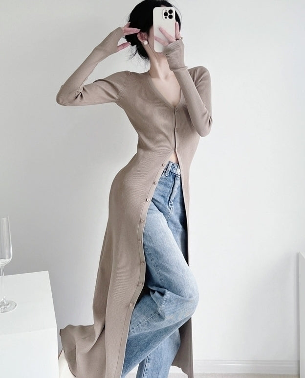 Beige Long Knitted V-Neck Cardigan