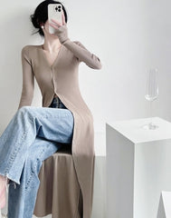 Beige Long Knitted V-Neck Cardigan
