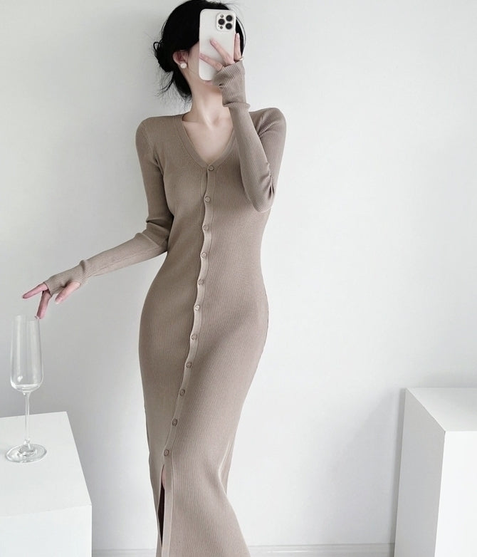 Beige Long Knitted V-Neck Cardigan