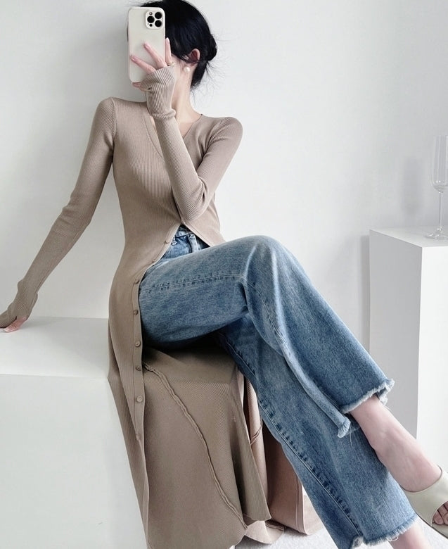 Beige Long Knitted V-Neck Cardigan