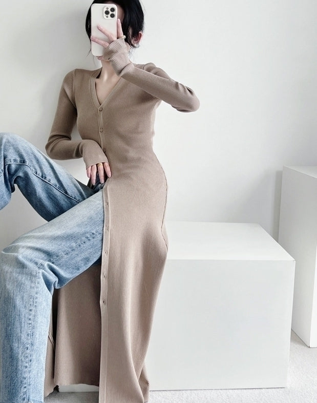 Beige Long Knitted V-Neck Cardigan