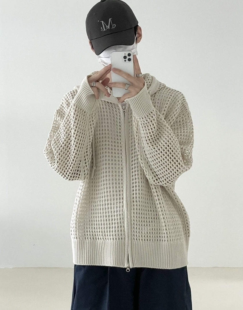 Beige Mesh Hollow Knit Zip-Up Hoodie