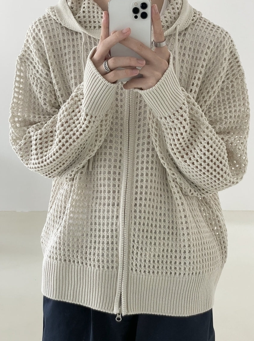 Beige Mesh Hollow Knit Zip-Up Hoodie