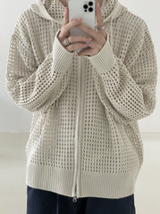 Beige Mesh Hollow Knit Zip-Up Hoodie