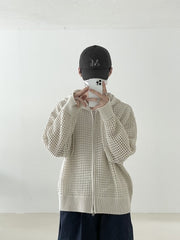 Beige Mesh Hollow Knit Zip-Up Hoodie