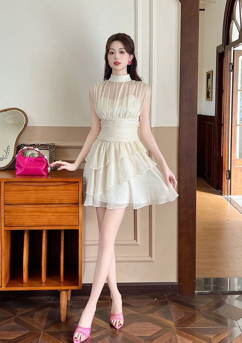 Beige Mesh Ruffles Mock Neck Dress