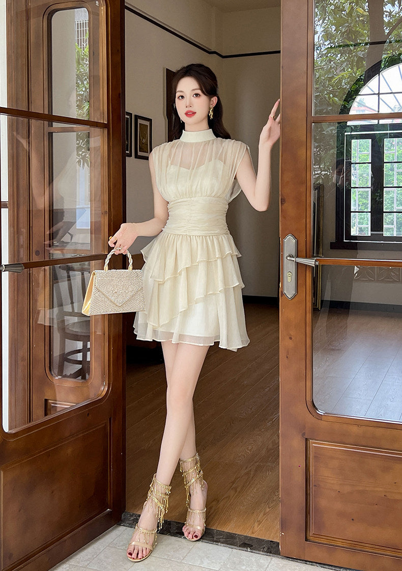 Beige Mesh Ruffles Mock Neck Dress