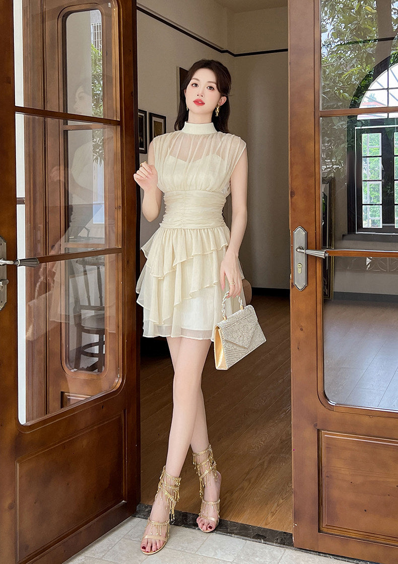 Beige Mesh Ruffles Mock Neck Dress