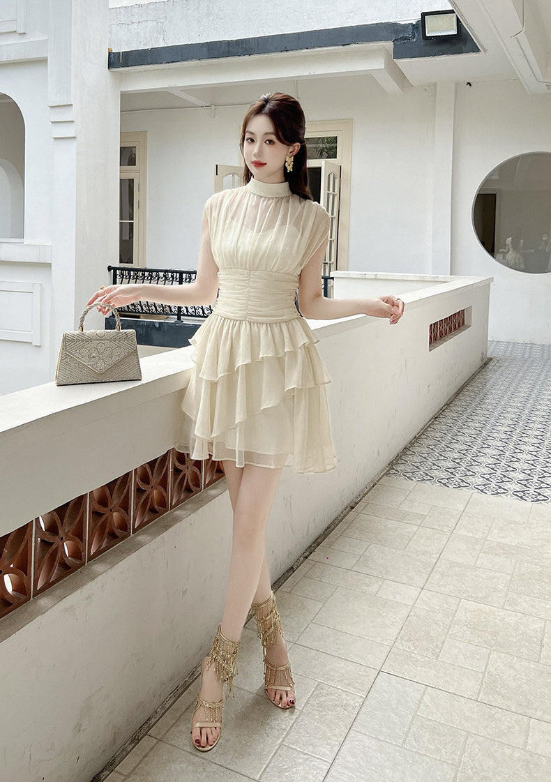 Beige Mesh Ruffles Mock Neck Dress