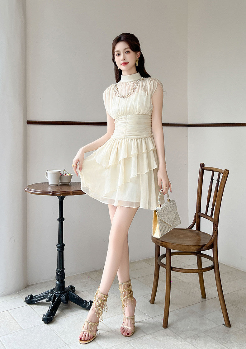 Beige Mesh Ruffles Mock Neck Dress