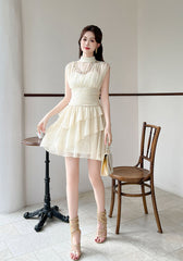 Beige Mesh Ruffles Mock Neck Dress