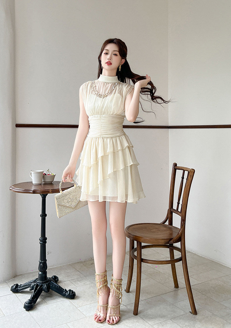 Beige Mesh Ruffles Mock Neck Dress