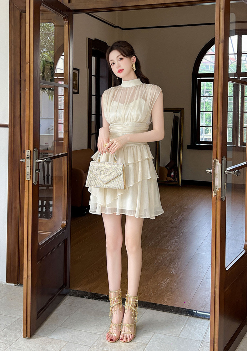 Beige Mesh Ruffles Mock Neck Dress