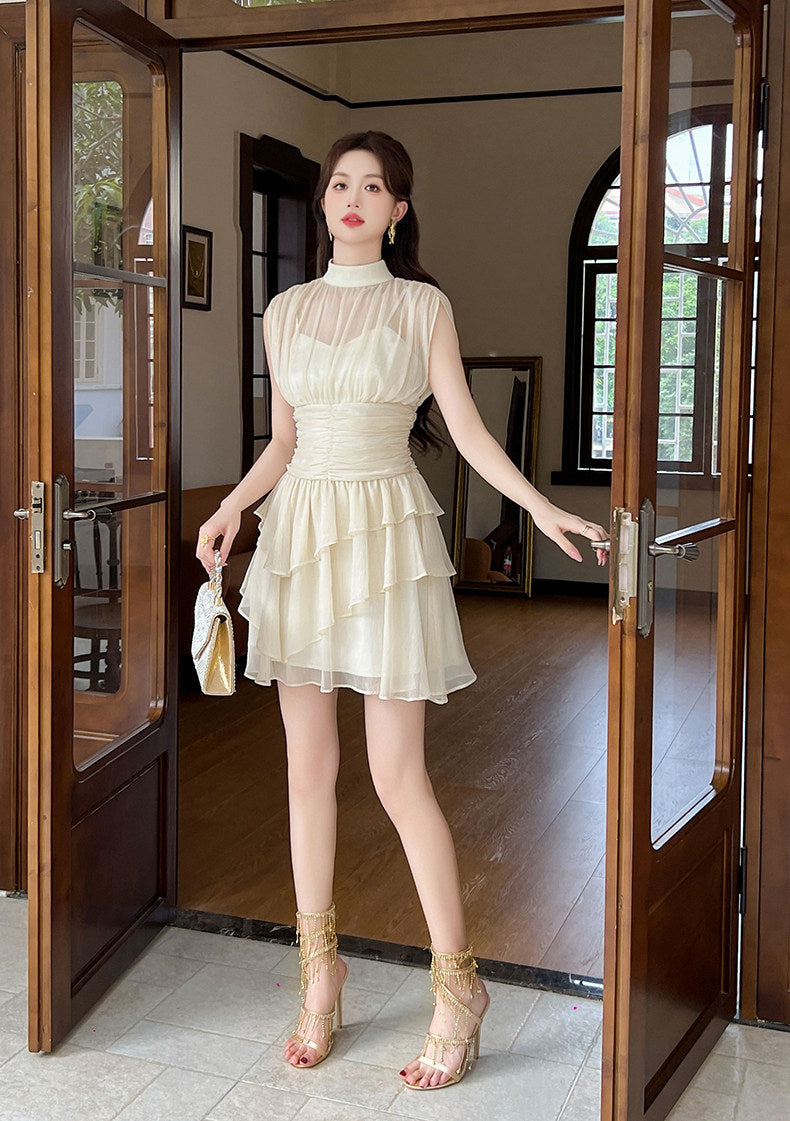 Beige Mesh Ruffles Mock Neck Dress