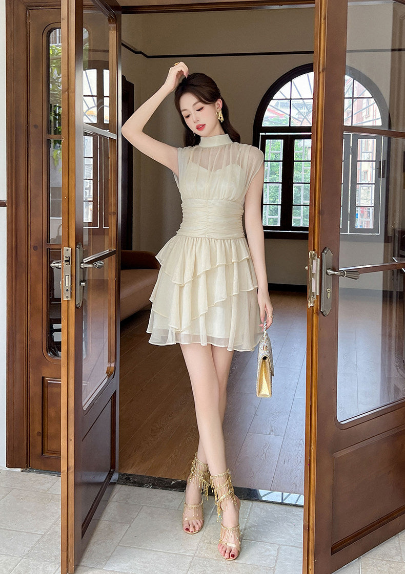 Beige Mesh Ruffles Mock Neck Dress